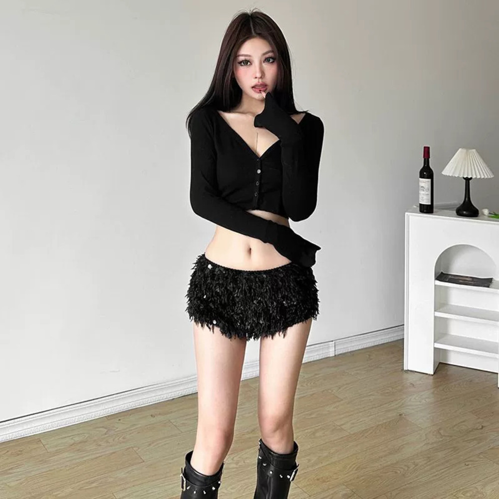 Zara Retro Furry Sequin Patchwork Pants Slim Casual Shorts